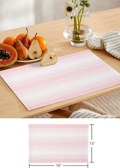Pink Striped Table Runner and Placemats for Dining Table, Burlap Coffee Table Runner 70 Inch Long Pink Ombre Farmhouse Stripes Washable Table Mats for Kitchen Party Farmhouse Placemats Set of 6