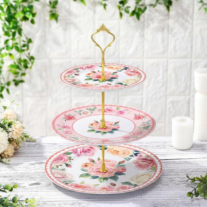 Pink Floral Party 3 Tier Dessert Stand 10", 9" and 7" Ceramic Serving Tray Dessert Cupcake Display Holder Tower for Wedding Baby Bridal Shower Tea Party Decoration