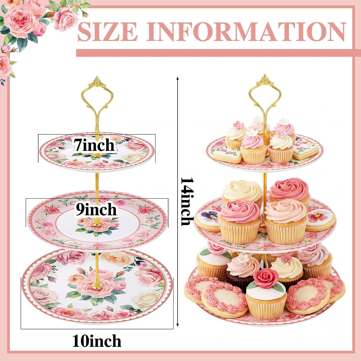 Pink Floral Party 3 Tier Dessert Stand 10", 9" and 7" Ceramic Serving Tray Dessert Cupcake Display Holder Tower for Wedding Baby Bridal Shower Tea Party Decoration