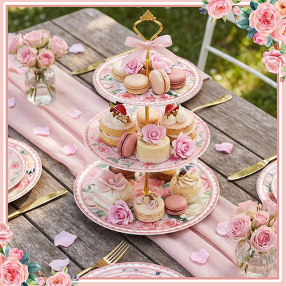 Pink Floral Party 3 Tier Dessert Stand 10", 9" and 7" Ceramic Serving Tray Dessert Cupcake Display Holder Tower for Wedding Baby Bridal Shower Tea Party Decoration