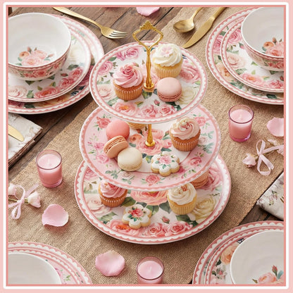 Pink Floral Party 3 Tier Dessert Stand 10", 9" and 7" Ceramic Serving Tray Dessert Cupcake Display Holder Tower for Wedding Baby Bridal Shower Tea Party Decoration