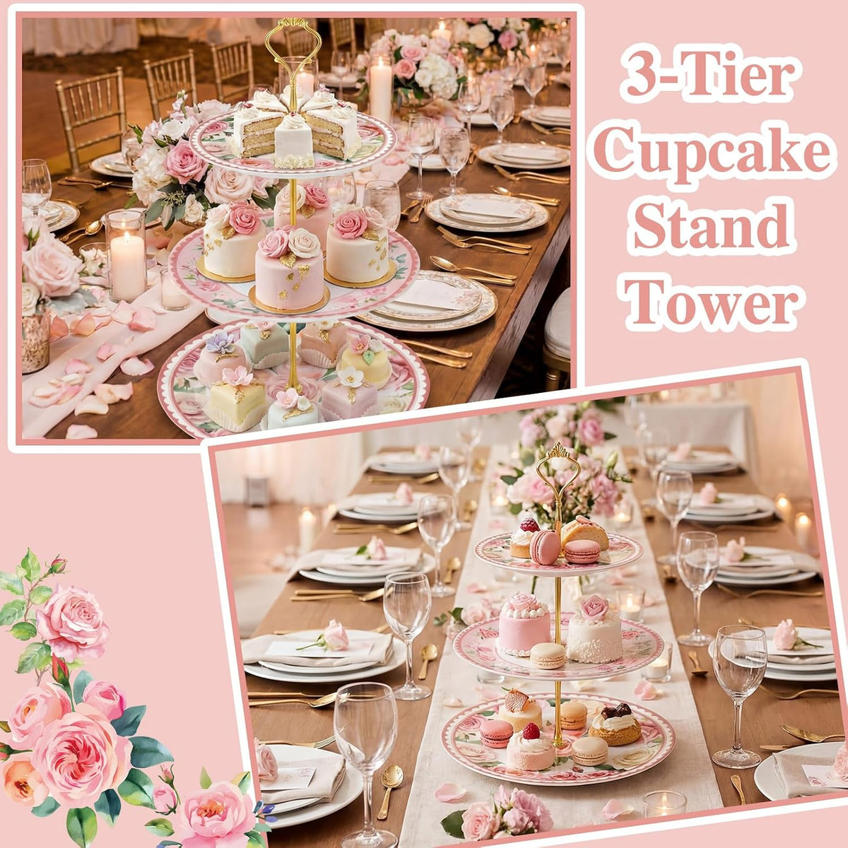 Pink Floral Party 3 Tier Dessert Stand 10", 9" and 7" Ceramic Serving Tray Dessert Cupcake Display Holder Tower for Wedding Baby Bridal Shower Tea Party Decoration