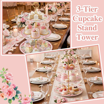 Pink Floral Party 3 Tier Dessert Stand 10", 9" and 7" Ceramic Serving Tray Dessert Cupcake Display Holder Tower for Wedding Baby Bridal Shower Tea Party Decoration