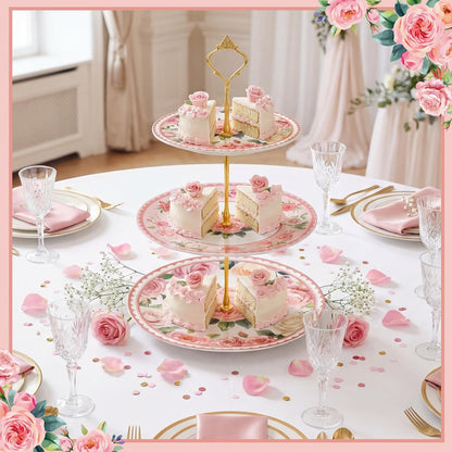 Pink Floral Party 3 Tier Dessert Stand 10", 9" and 7" Ceramic Serving Tray Dessert Cupcake Display Holder Tower for Wedding Baby Bridal Shower Tea Party Decoration