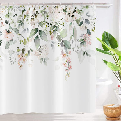 Spring Eucalyptus Shower Curtain, Sage Green Leaves Botanical Plants with Pink Flowers on The Top Fabric Bathroom Curtain Home Decor Waterproof Washable 12 Hooks 72.00'' x 72.00'' (GCI-9918)