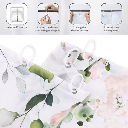 Spring Eucalyptus Shower Curtain, Sage Green Leaves Botanical Plants with Pink Flowers on The Top Fabric Bathroom Curtain Home Decor Waterproof Washable 12 Hooks 72.00'' x 72.00'' (GCI-9918)