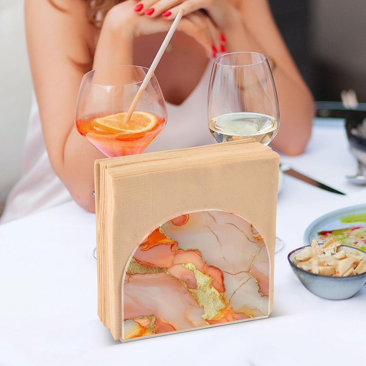 Acrylic Napkin Holder 2 Pack Holds 50-60 Napkins Space-Saving Modern Design Napkin Fit Countertop & Coffee Table Decorative Tabletop Accessory Marble Peach Gold