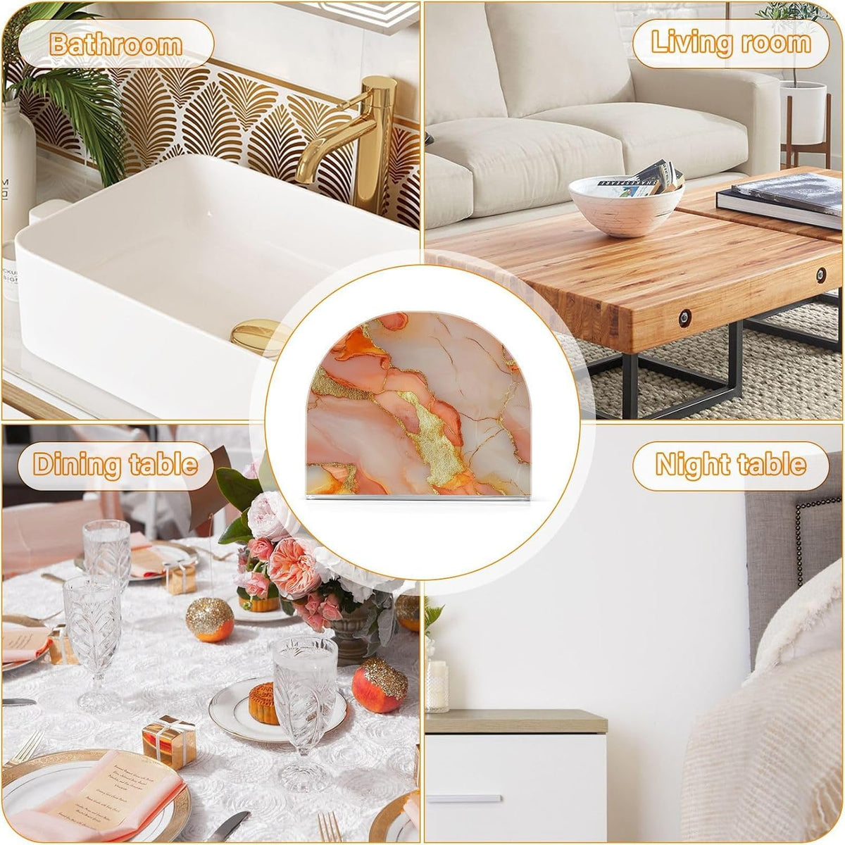 Acrylic Napkin Holder 2 Pack Holds 50-60 Napkins Space-Saving Modern Design Napkin Fit Countertop & Coffee Table Decorative Tabletop Accessory Marble Peach Gold