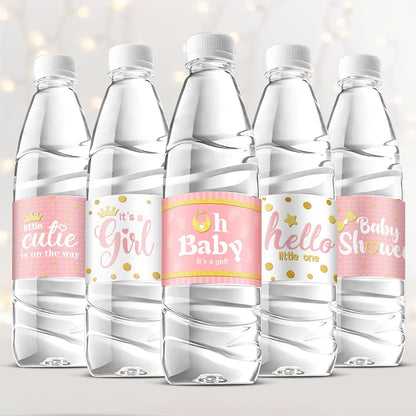 80 Pieces Baby Shower Water Bottle Labels Waterproof Water Bottle Stickers Wrappers Labels for Baby Shower Party Decoration(Pink Girl Style)