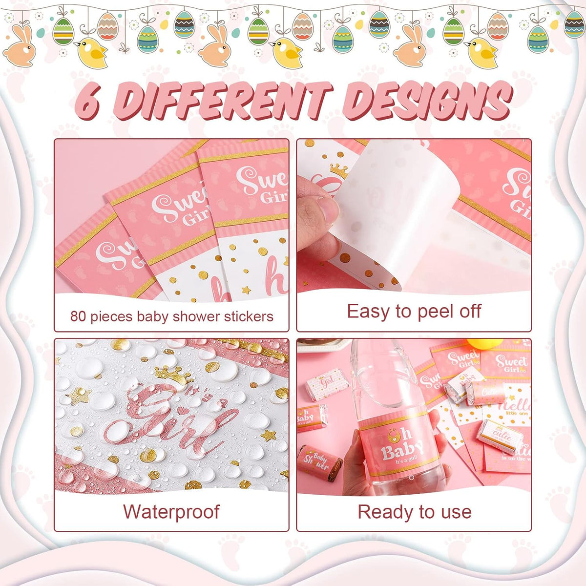 80 Pieces Baby Shower Water Bottle Labels Waterproof Water Bottle Stickers Wrappers Labels for Baby Shower Party Decoration(Pink Girl Style)