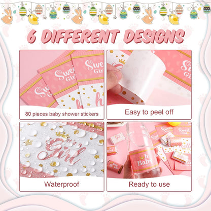 80 Pieces Baby Shower Water Bottle Labels Waterproof Water Bottle Stickers Wrappers Labels for Baby Shower Party Decoration(Pink Girl Style)