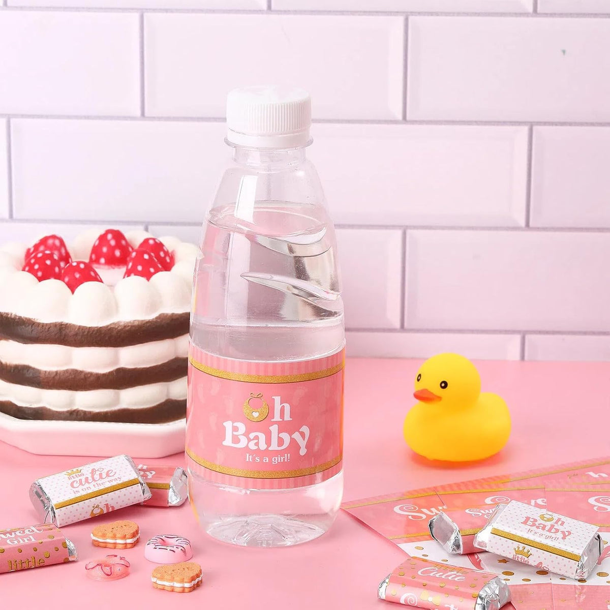 80 Pieces Baby Shower Water Bottle Labels Waterproof Water Bottle Stickers Wrappers Labels for Baby Shower Party Decoration(Pink Girl Style)