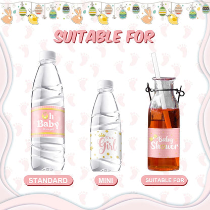 80 Pieces Baby Shower Water Bottle Labels Waterproof Water Bottle Stickers Wrappers Labels for Baby Shower Party Decoration(Pink Girl Style)
