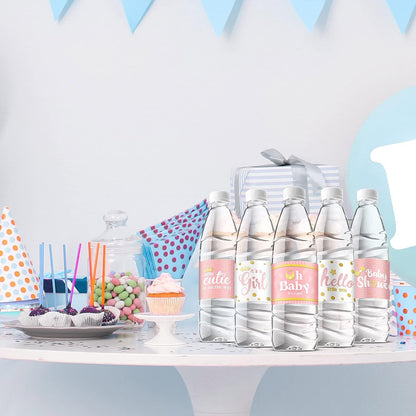 80 Pieces Baby Shower Water Bottle Labels Waterproof Water Bottle Stickers Wrappers Labels for Baby Shower Party Decoration(Pink Girl Style)