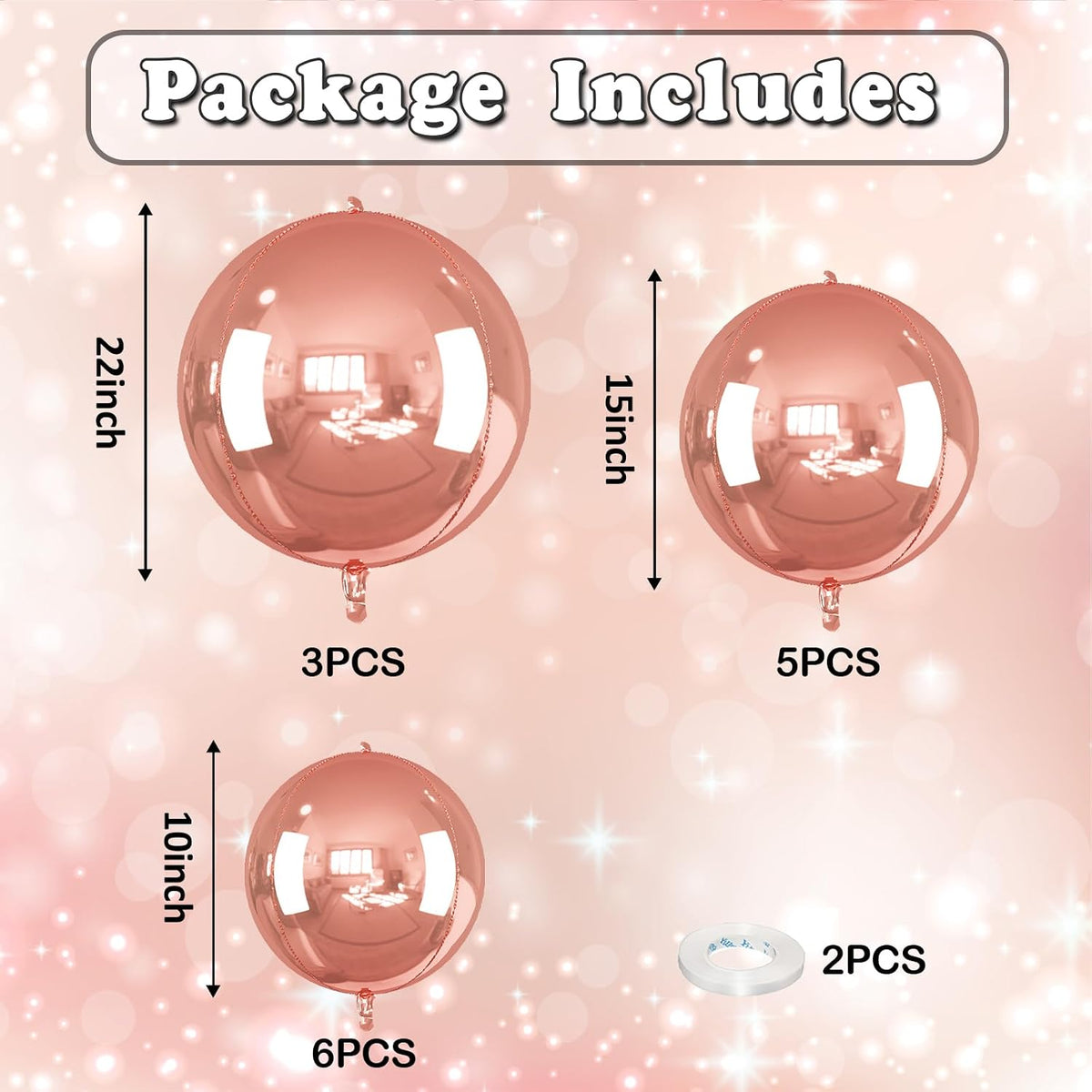 14 Pcs Rose Gold Round Foil Balloons 22/15/10 4D Ball Balloons Rose Metallic Balloon Ornament Mylar Balloon Chrome for Women Birthday Graduation Wedding Anniversary New Year Disco Party Decor