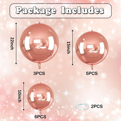 14 Pcs Rose Gold Round Foil Balloons 22/15/10 4D Ball Balloons Rose Metallic Balloon Ornament Mylar Balloon Chrome for Women Birthday Graduation Wedding Anniversary New Year Disco Party Decor