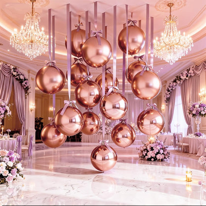 14 Pcs Rose Gold Round Foil Balloons 22/15/10 4D Ball Balloons Rose Metallic Balloon Ornament Mylar Balloon Chrome for Women Birthday Graduation Wedding Anniversary New Year Disco Party Decor