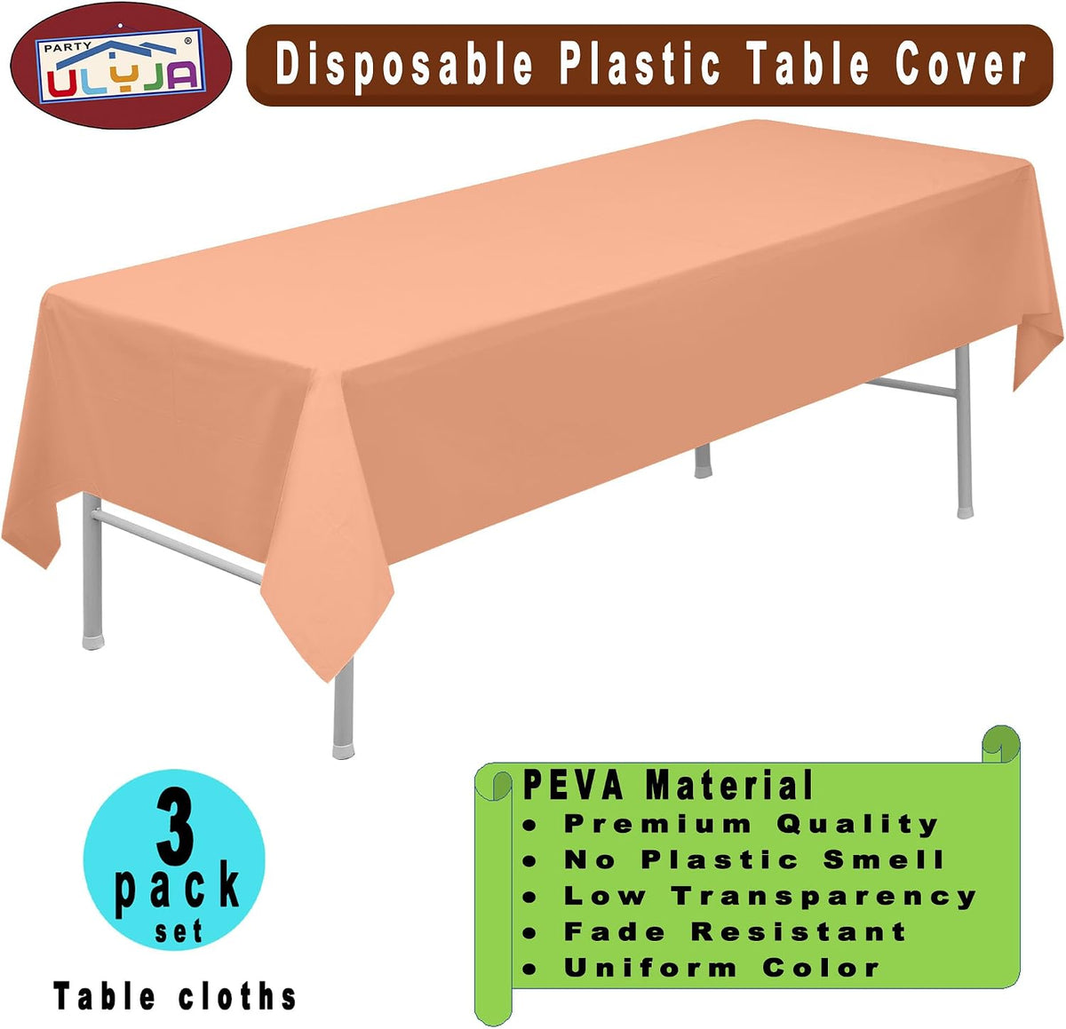 Peach Tablecloths Plastic 3-Pack Premium 54 Inches x 108 Inches Disposable Table Covers Decorative Table Cloths for Rectangle Tables