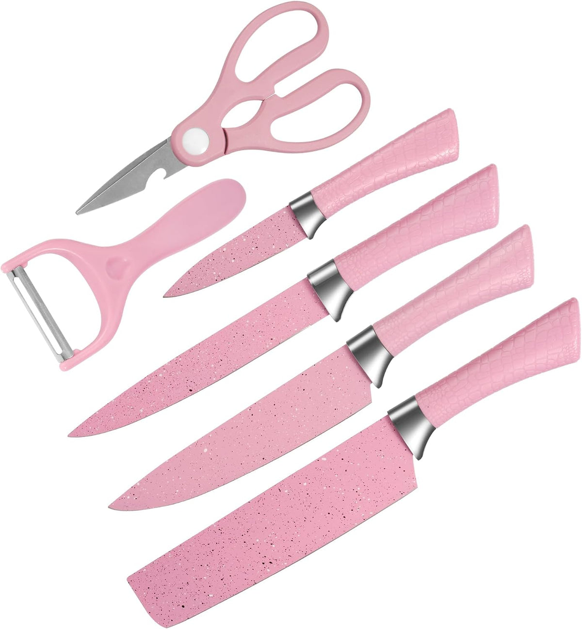 Kitchen Knife Set with Peeler and Scissors, 6 PCS Rustproof Sharp Chef Knives Set with Food Grade Non-Stick Coated Stainless Steel Blades, Cute Pink Knife Set for Home Restaurant Camping BBQ