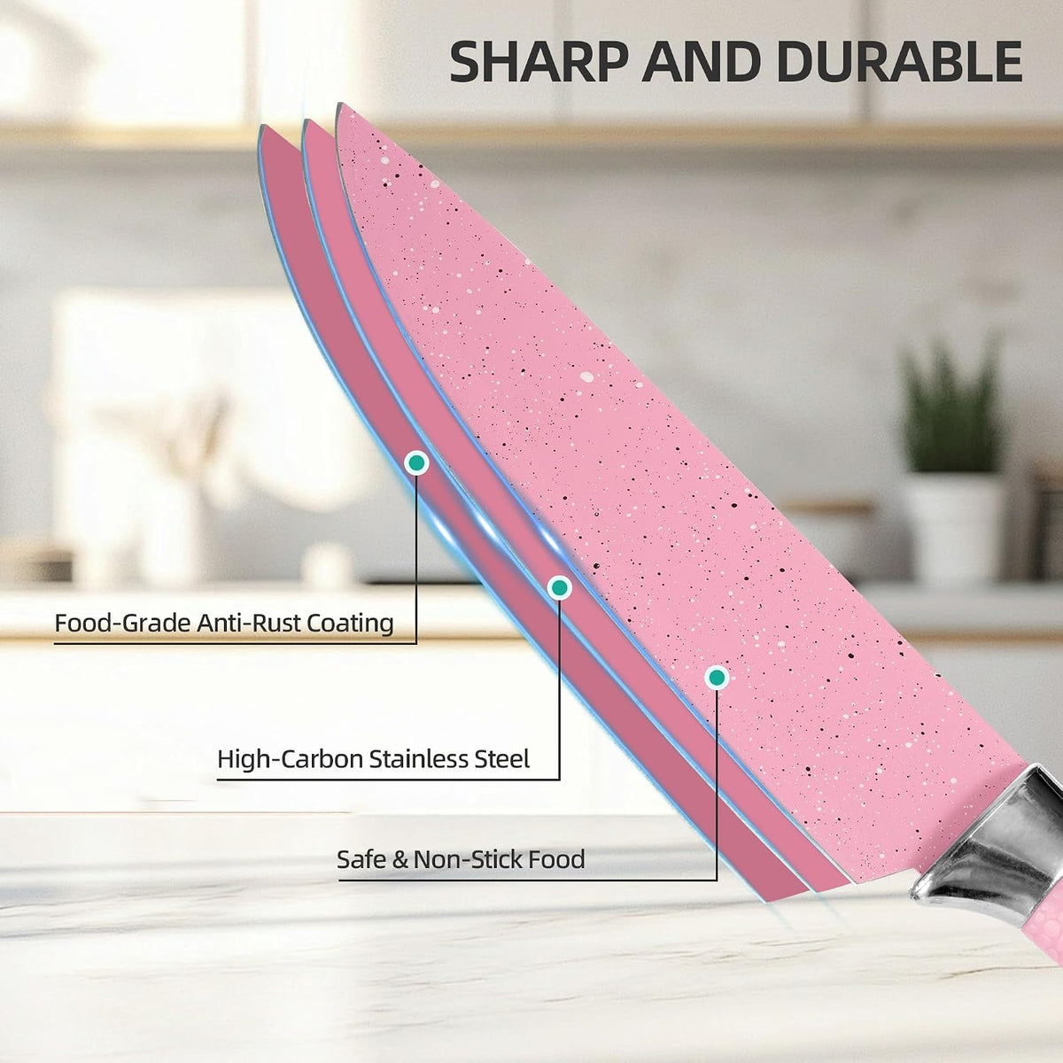 Kitchen Knife Set with Peeler and Scissors, 6 PCS Rustproof Sharp Chef Knives Set with Food Grade Non-Stick Coated Stainless Steel Blades, Cute Pink Knife Set for Home Restaurant Camping BBQ