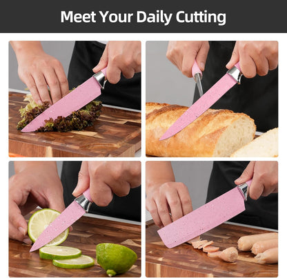 Kitchen Knife Set with Peeler and Scissors, 6 PCS Rustproof Sharp Chef Knives Set with Food Grade Non-Stick Coated Stainless Steel Blades, Cute Pink Knife Set for Home Restaurant Camping BBQ