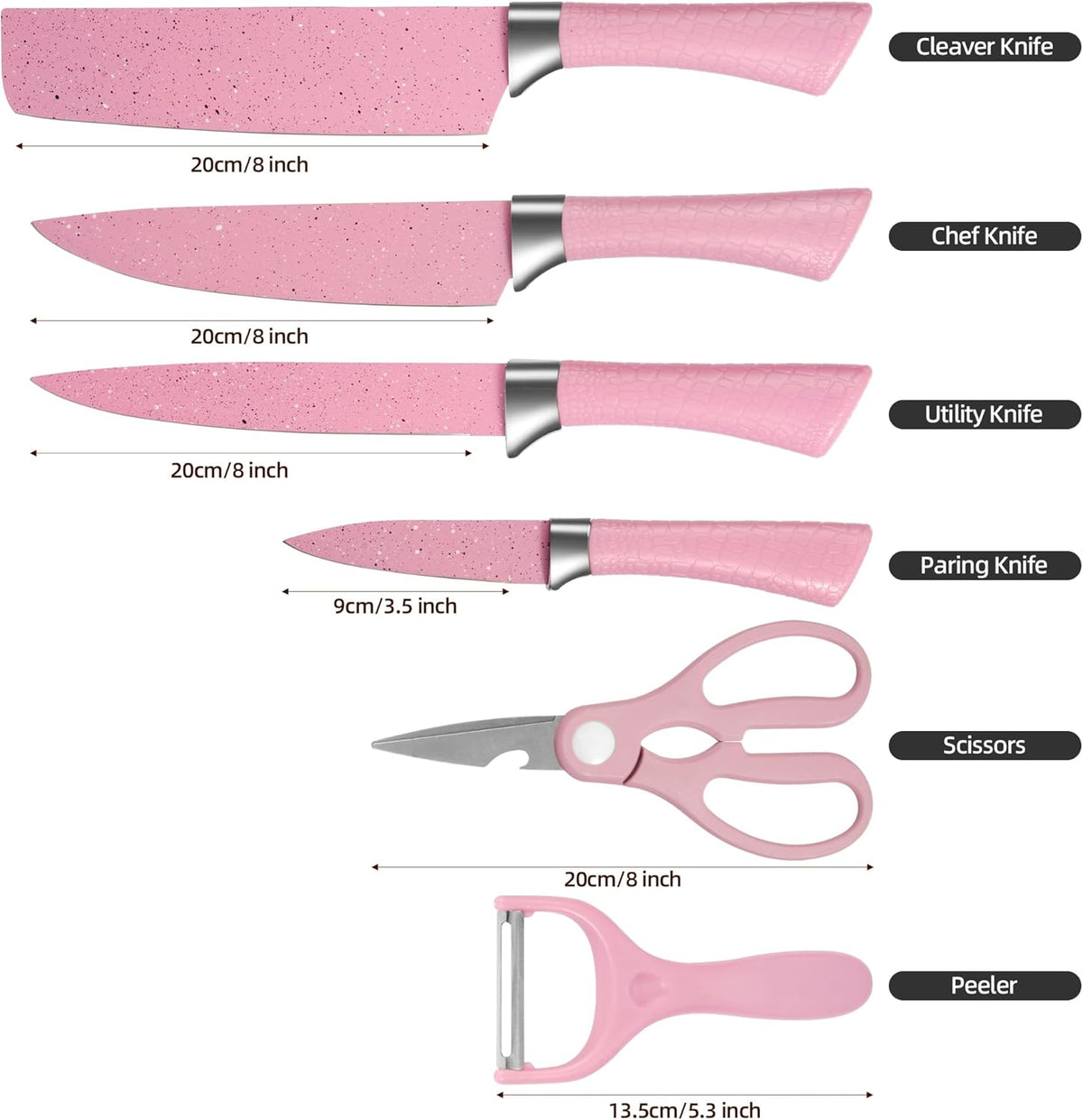 Kitchen Knife Set with Peeler and Scissors, 6 PCS Rustproof Sharp Chef Knives Set with Food Grade Non-Stick Coated Stainless Steel Blades, Cute Pink Knife Set for Home Restaurant Camping BBQ