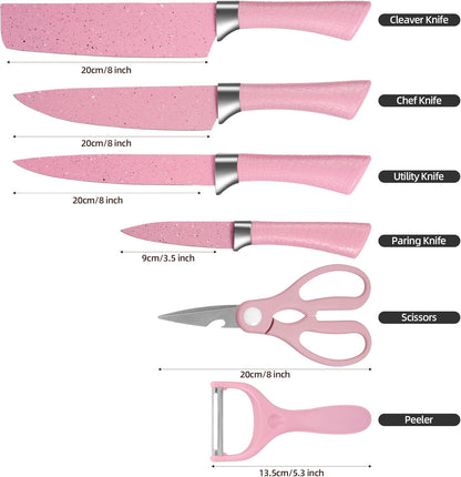 Kitchen Knife Set with Peeler and Scissors, 6 PCS Rustproof Sharp Chef Knives Set with Food Grade Non-Stick Coated Stainless Steel Blades, Cute Pink Knife Set for Home Restaurant Camping BBQ