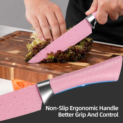 Kitchen Knife Set with Peeler and Scissors, 6 PCS Rustproof Sharp Chef Knives Set with Food Grade Non-Stick Coated Stainless Steel Blades, Cute Pink Knife Set for Home Restaurant Camping BBQ