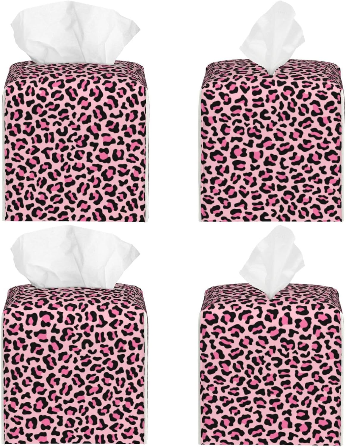 Trendy Pink Leopard Cute Print Tissue Box Cover Square Modern Decorative Tissue Box Holder, Cute Leather Box Cover Car Tissue Holder for Bathroom, Night Stands, Desk, Office Decor