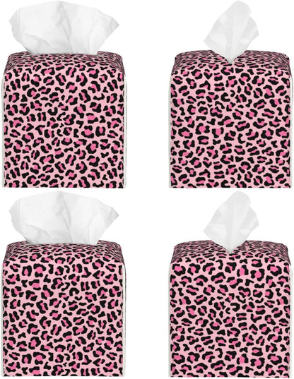 Trendy Pink Leopard Cute Print Tissue Box Cover Square Modern Decorative Tissue Box Holder, Cute Leather Box Cover Car Tissue Holder for Bathroom, Night Stands, Desk, Office Decor