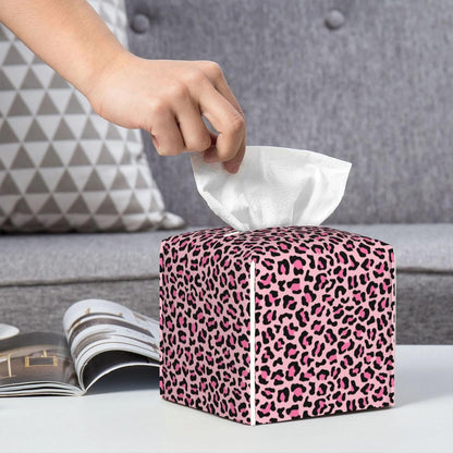 Trendy Pink Leopard Cute Print Tissue Box Cover Square Modern Decorative Tissue Box Holder, Cute Leather Box Cover Car Tissue Holder for Bathroom, Night Stands, Desk, Office Decor