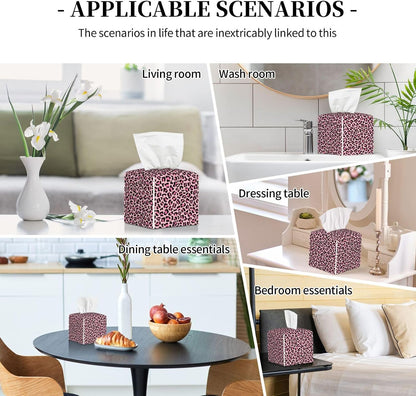 Trendy Pink Leopard Cute Print Tissue Box Cover Square Modern Decorative Tissue Box Holder, Cute Leather Box Cover Car Tissue Holder for Bathroom, Night Stands, Desk, Office Decor