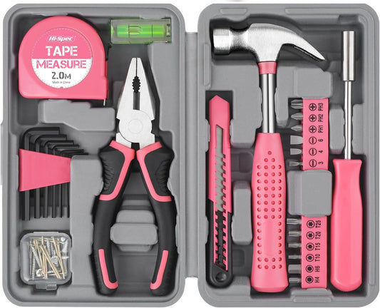 Hi-Spec Tool Set 25pc Pink Household DIY Tool Kit for Women. Small Mini Tool Box Set of Starter Basic Ladies Tools