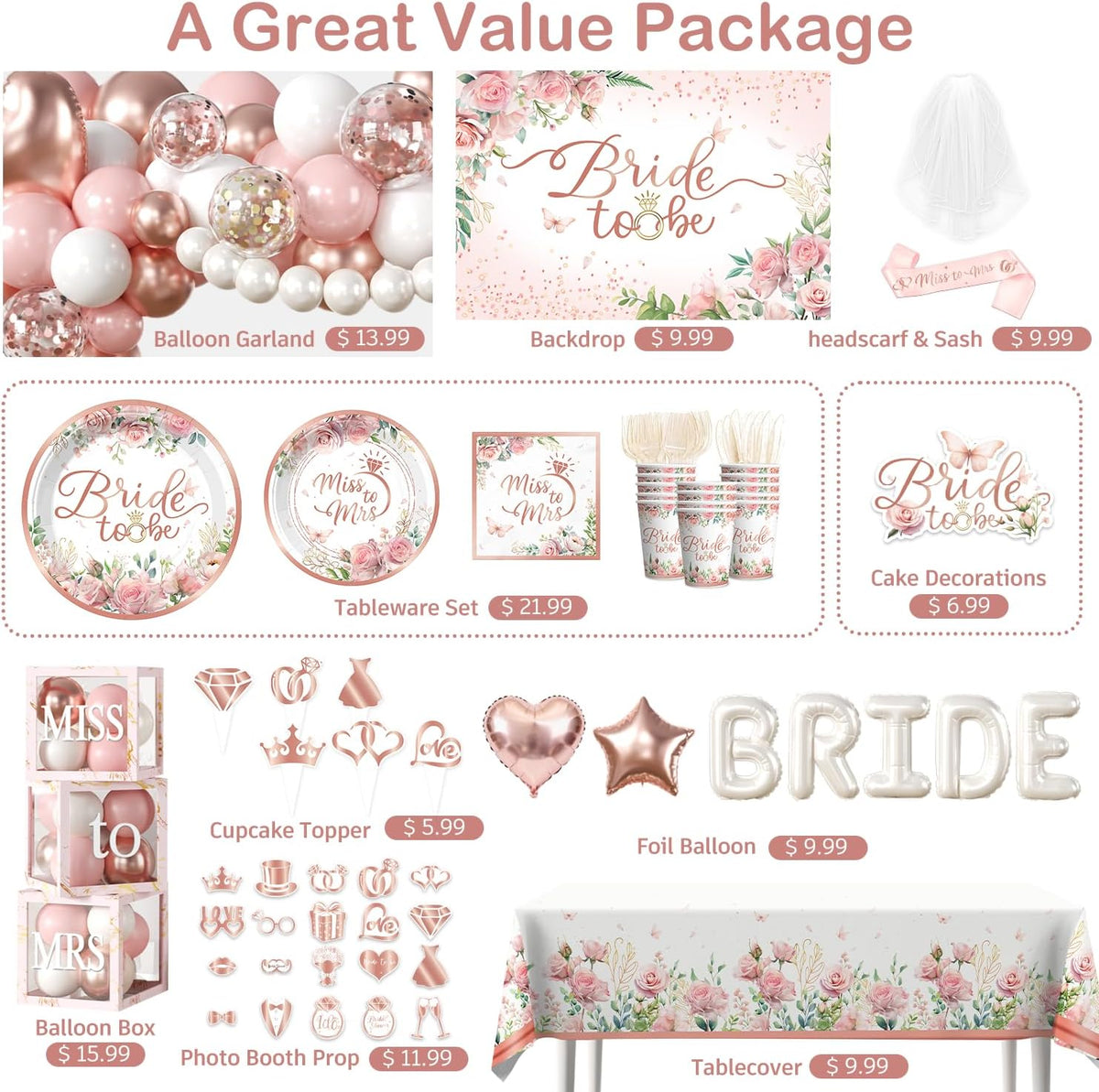 Cocomigo 330pcs Bride to Be Decorations for Bridal Shower, Serves 25
