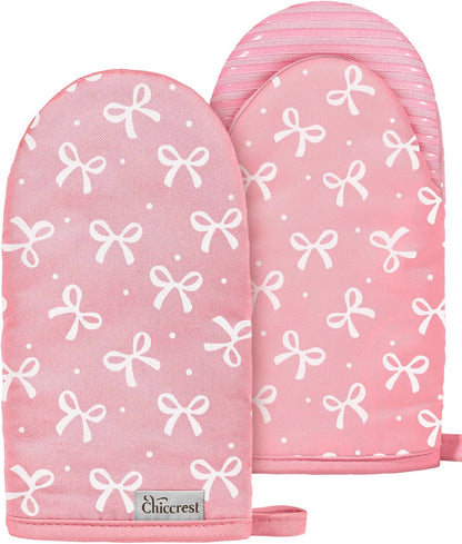 100% Thick Cotton Mini Oven Mitts Silicone Grip Girly Pink Bow