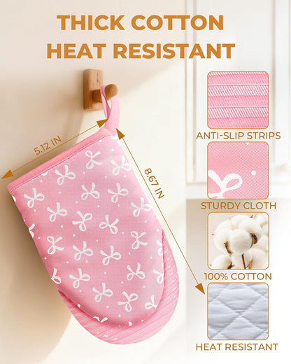 100% Thick Cotton Mini Oven Mitts Silicone Grip Girly Pink Bow