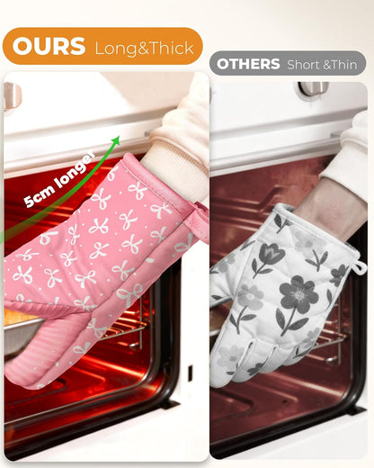 100% Thick Cotton Mini Oven Mitts Silicone Grip Girly Pink Bow