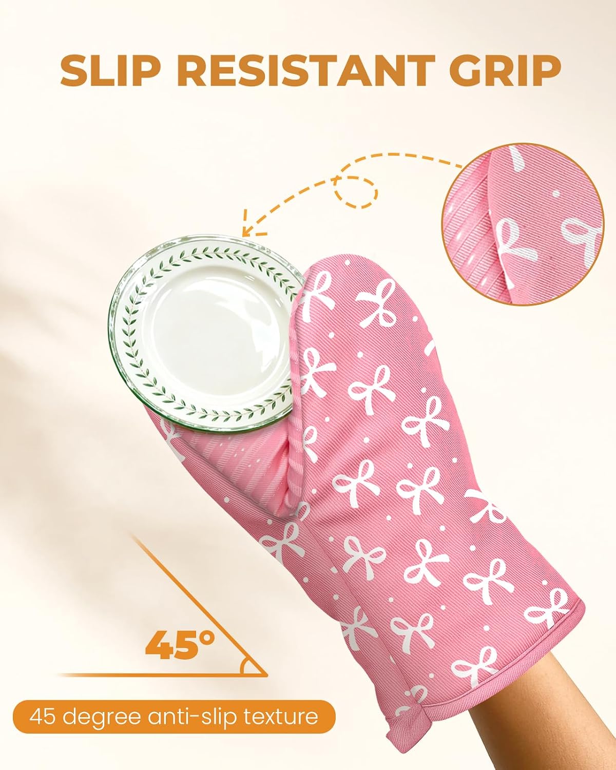 100% Thick Cotton Mini Oven Mitts Silicone Grip Girly Pink Bow