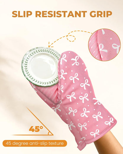 100% Thick Cotton Mini Oven Mitts Silicone Grip Girly Pink Bow