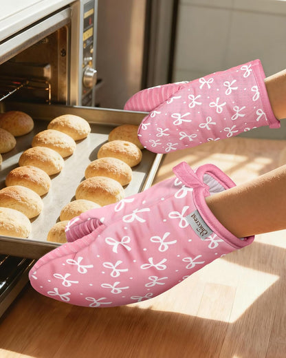 100% Thick Cotton Mini Oven Mitts Silicone Grip Girly Pink Bow