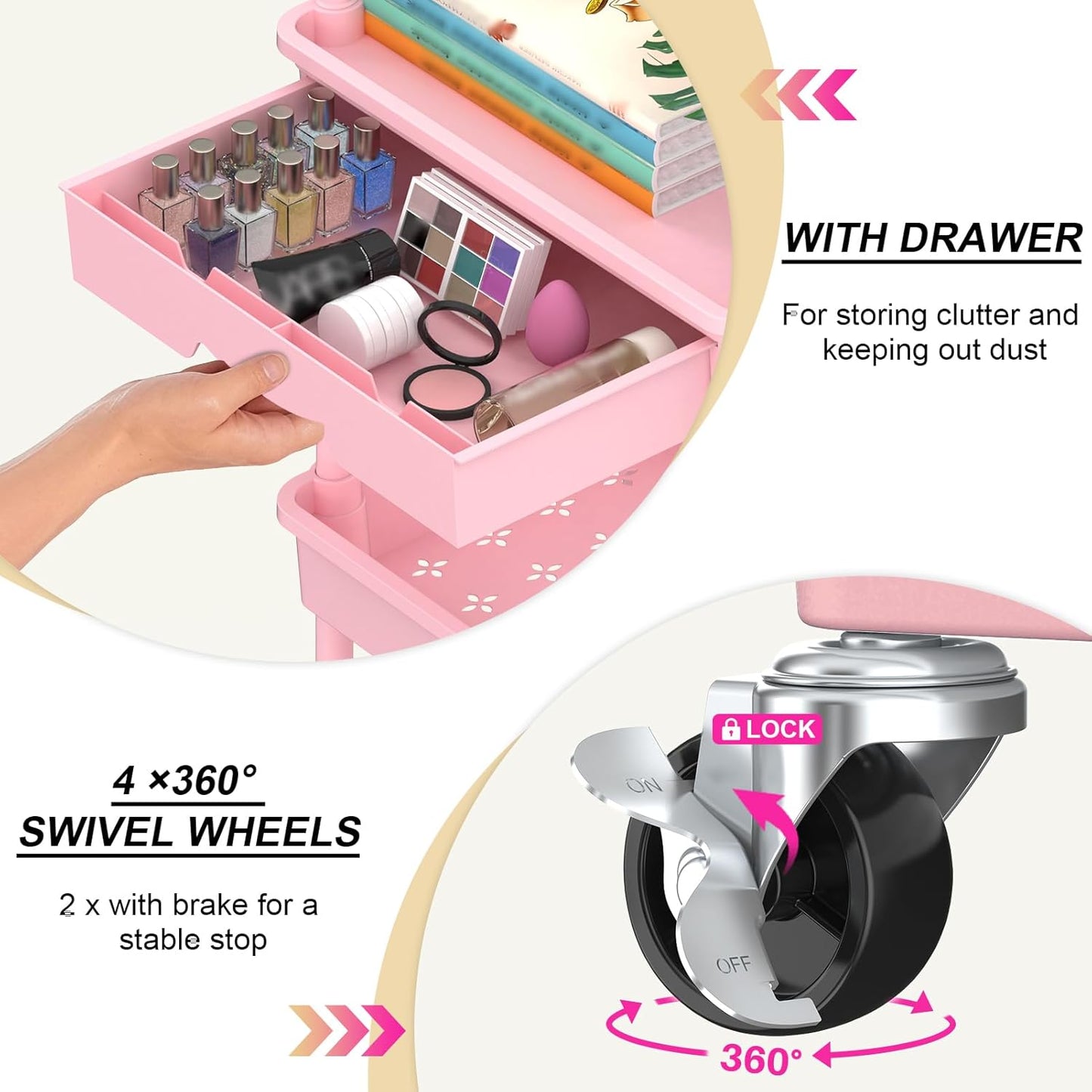 3 Tier Rolling Utility Cart Organizer with Removable Drawer, Stable and Sturdy Pink Rolling Storage Carts with 2 Lockable Wheels for Bathroom, Kitchen, Snack, Craft, Makeup, Baby Essentials