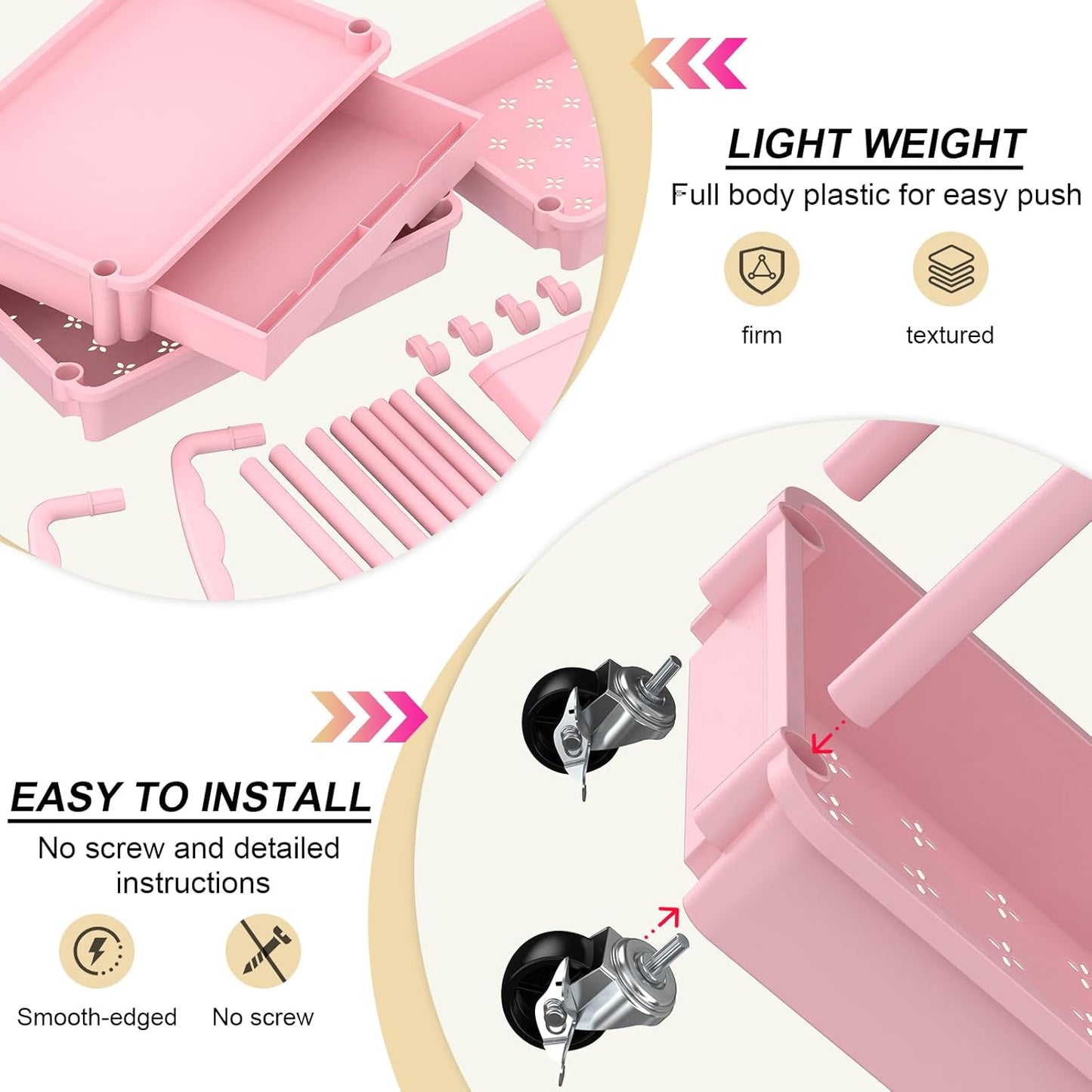 3 Tier Rolling Utility Cart Organizer with Removable Drawer, Stable and Sturdy Pink Rolling Storage Carts with 2 Lockable Wheels for Bathroom, Kitchen, Snack, Craft, Makeup, Baby Essentials