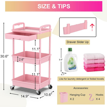 3 Tier Rolling Utility Cart Organizer with Removable Drawer, Stable and Sturdy Pink Rolling Storage Carts with 2 Lockable Wheels for Bathroom, Kitchen, Snack, Craft, Makeup, Baby Essentials