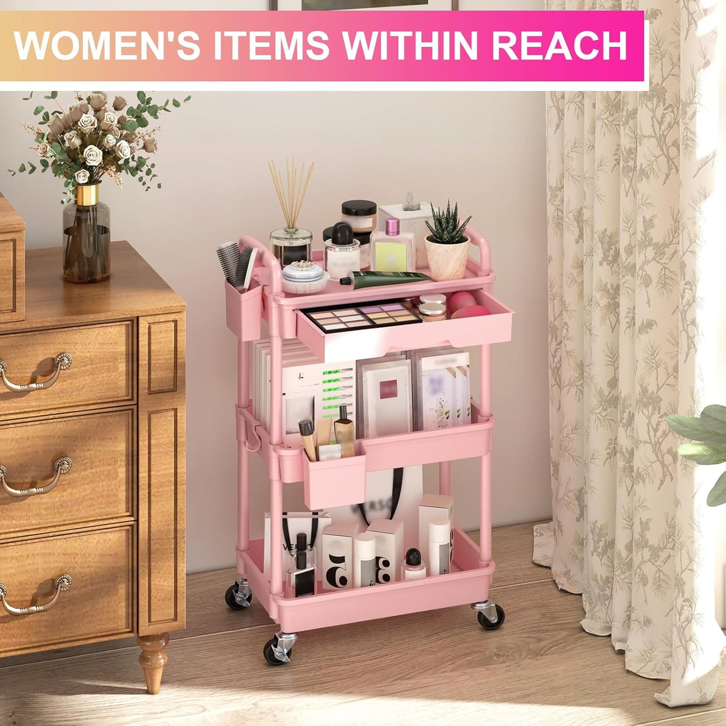 3 Tier Rolling Utility Cart Organizer with Removable Drawer, Stable and Sturdy Pink Rolling Storage Carts with 2 Lockable Wheels for Bathroom, Kitchen, Snack, Craft, Makeup, Baby Essentials