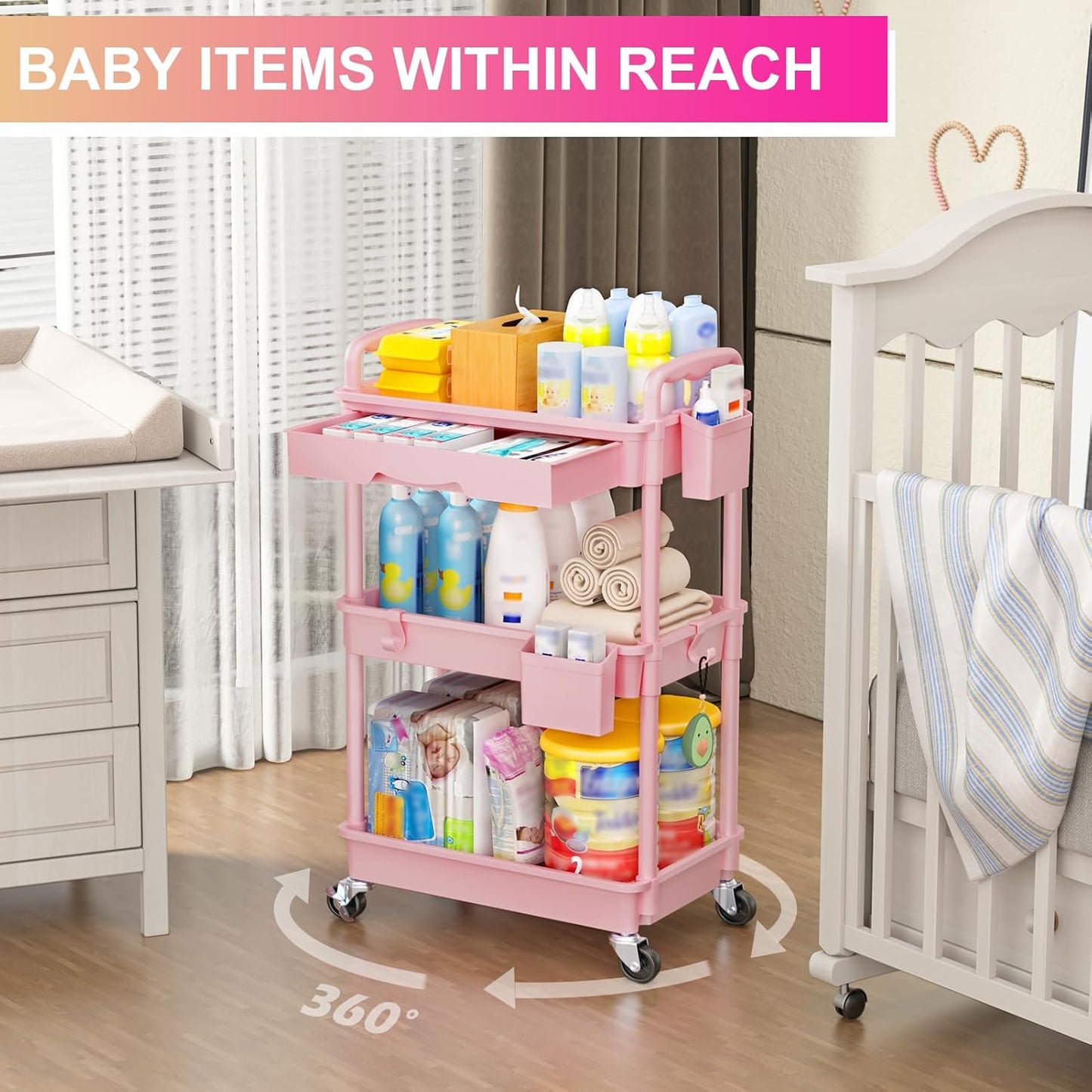 3 Tier Rolling Utility Cart Organizer with Removable Drawer, Stable and Sturdy Pink Rolling Storage Carts with 2 Lockable Wheels for Bathroom, Kitchen, Snack, Craft, Makeup, Baby Essentials