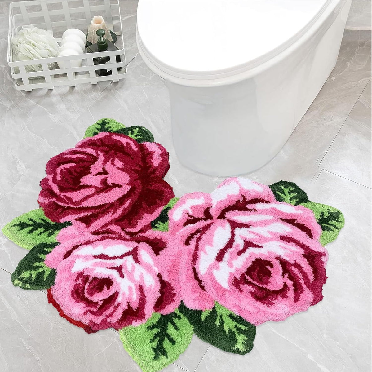 Rose Flower Bath Mat, Pink Floral Shaped Bathroom Rug, Soft Absorbent Non Slip Tufted Rug, Romantic Decorative Accent Mat for Bathroom Bedroom Vanity