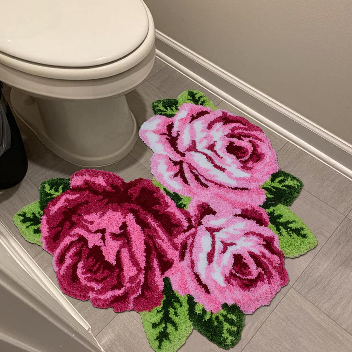 Rose Flower Bath Mat, Pink Floral Shaped Bathroom Rug, Soft Absorbent Non Slip Tufted Rug, Romantic Decorative Accent Mat for Bathroom Bedroom Vanity