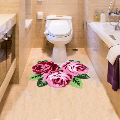 Rose Flower Bath Mat, Pink Floral Shaped Bathroom Rug, Soft Absorbent Non Slip Tufted Rug, Romantic Decorative Accent Mat for Bathroom Bedroom Vanity