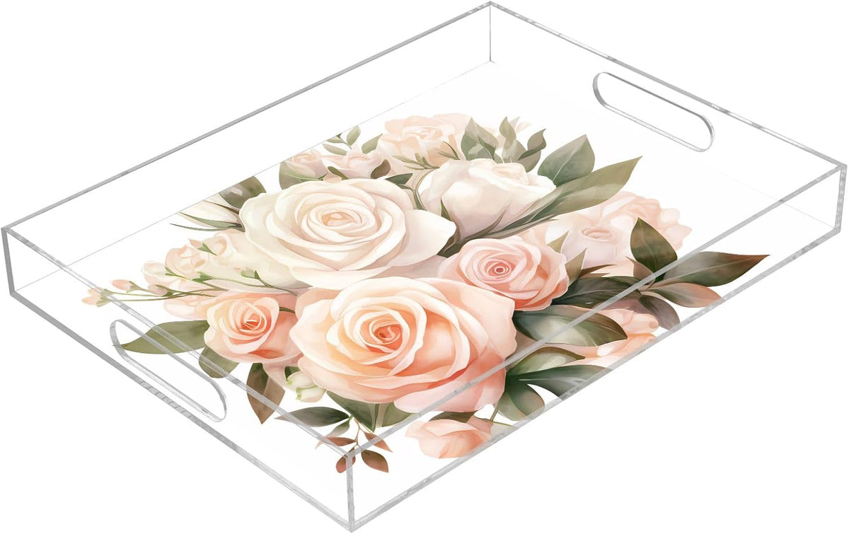 Plastic Food Serving Tray Decorative Vanity Trays for Bathroom Bouquet Rose Pink Coffee Table Kitchen Counter 11.8 * 15.7in
