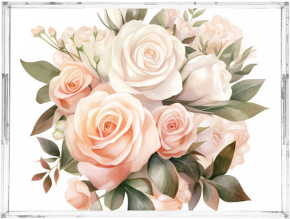Plastic Food Serving Tray Decorative Vanity Trays for Bathroom Bouquet Rose Pink Coffee Table Kitchen Counter 11.8 * 15.7in